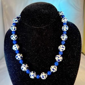 Lapis and Ceramic Beads Nautical Design 19”, Knotted between beads. Handmade.
